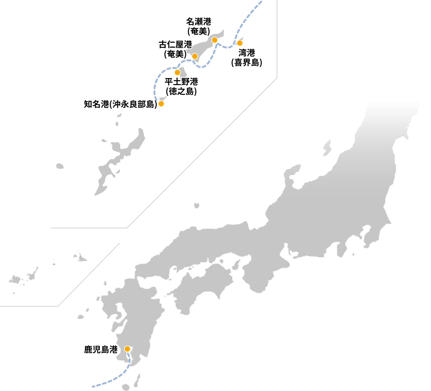 第一海運株式会社　鹿児島本部　鹿児島→湾(喜界)→名瀬(奄美)→古仁屋(奄美)→平土野(徳之島)→知名(沖永良部)